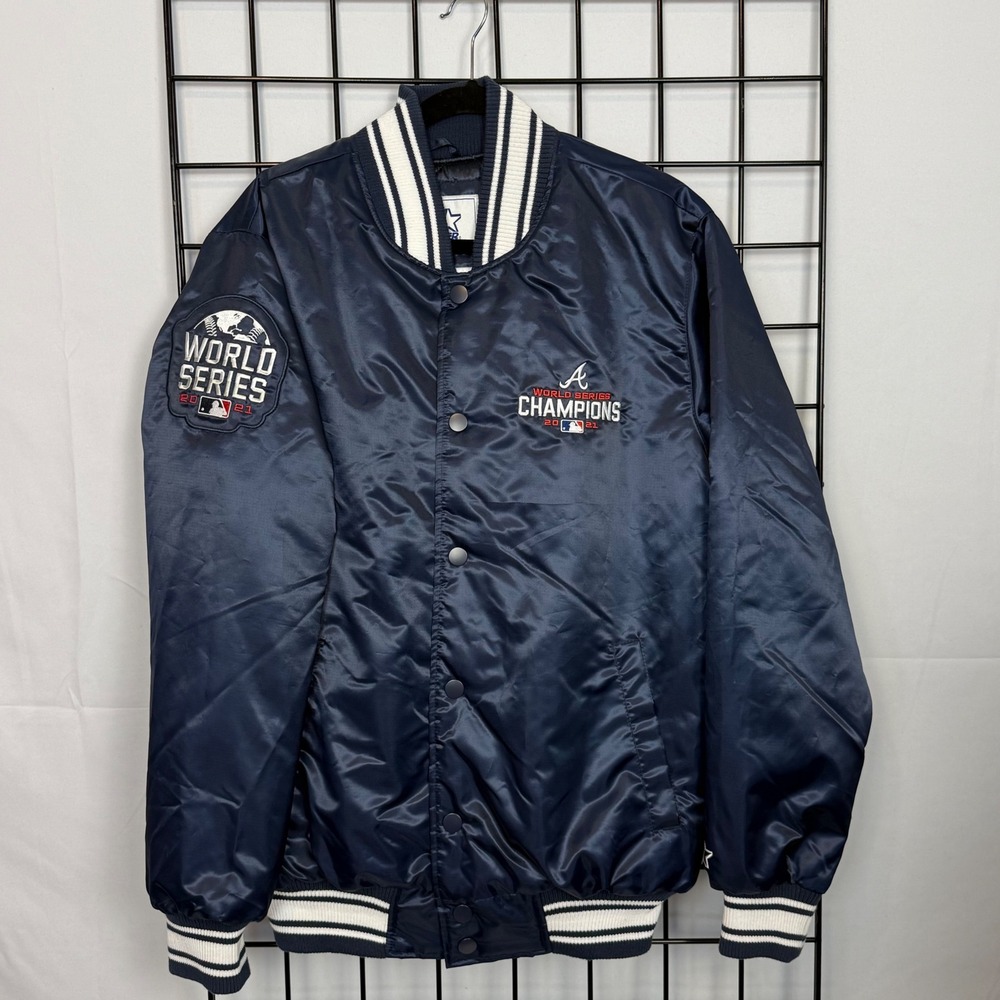 Atlanta Braves 2021 Champions Locker Room Satin Varsity‎ Jacket Mens Medium Navy